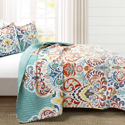 Lush Décor 3pc Boho Chic Reversible Oversized Cotton Quilt Set Seafoam/Red 1 Lush Décor 3pc Boho Chic Reversible Oversized Cotton Quilt Set Seafoam/Red