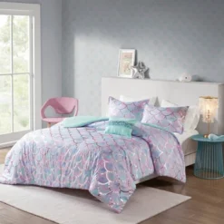 Daphne Metallic Printed Reversible Duvet Cover Set Aqua/Purple