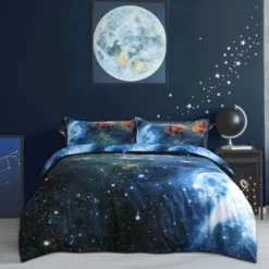 PiccoCasa Polyester Galaxy Sky Cosmos Night Duvet Cover Set 3 Pcs With 2 Pillowcases Queen Multicolor