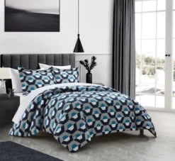 Chic Home Tudor Duvet Cover Set Contemporary Geometric Hexagon Pattern Print With Zipper Closure Blue
