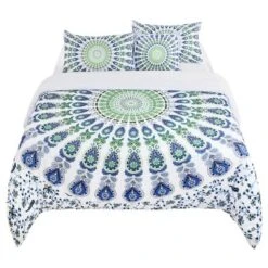 PiccoCasa Duvet Cover Set 5 Pcs Bohemian Bedding Set Including Fitted Sheet And Throw Pillowcase Queen White And Green