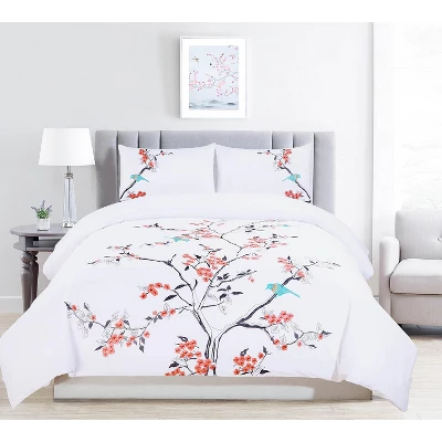 Modern Embroidered Cherry Blossom Floral Cotton Duvet Cover And Pillow Sham Set - Blue Nile Mills 1 Modern Embroidered Cherry Blossom Floral Cotton Duvet Cover And Pillow Sham Set - Blue Nile Mills