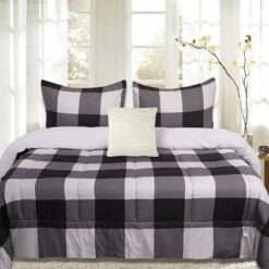 Sweet Home Collection 4 Piece Buffalo Check Plaid Design Reversible To Solid Color With 2 Shams & Throw Pillow