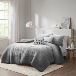 5pc Full/Queen Mabel Ombre Printed Cotton Gauze Comforter Set - Charcoal Gray