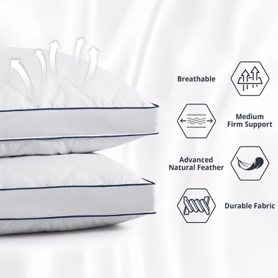 Peace Nest Goose Feather Down Pillow White Quilted Cotton Cover Set Of 2 2 Peace Nest Goose Feather Down Pillow White Quilted Cotton Cover Set Of 2 - Image 2
