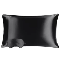 2 Pcs Standard Silk Gift Set Pillowcase And Eye Cover Black - PiccoCasa